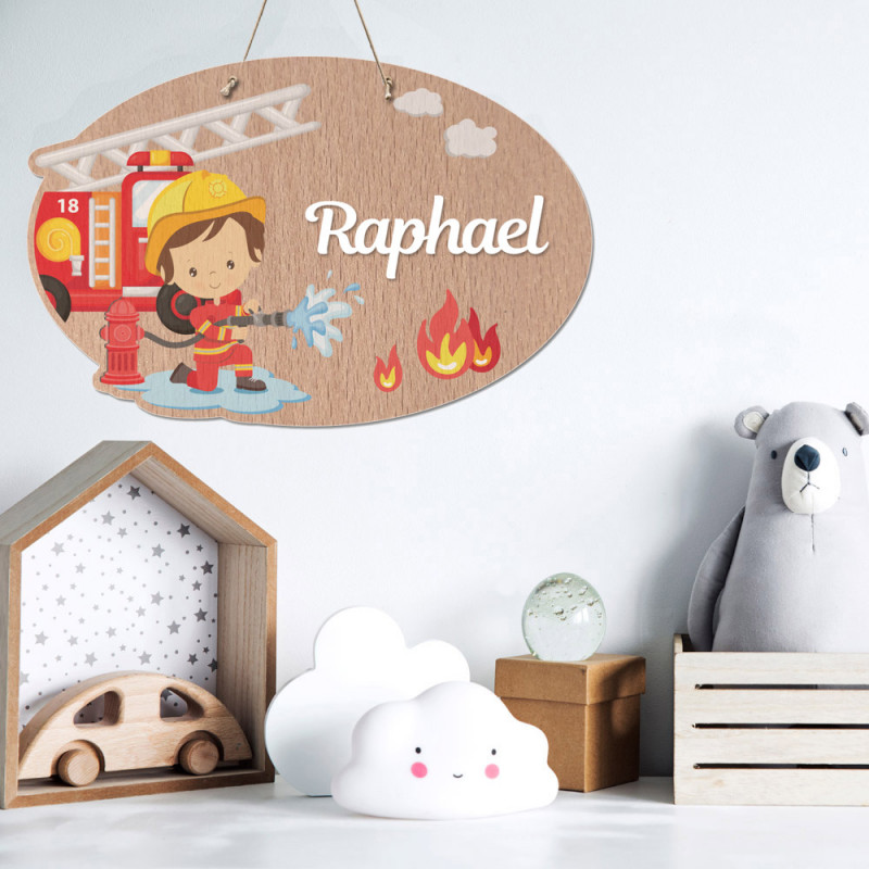 Plaque de Porte Pompier - Pancarte Bois Personnalisée Chambre Enfant