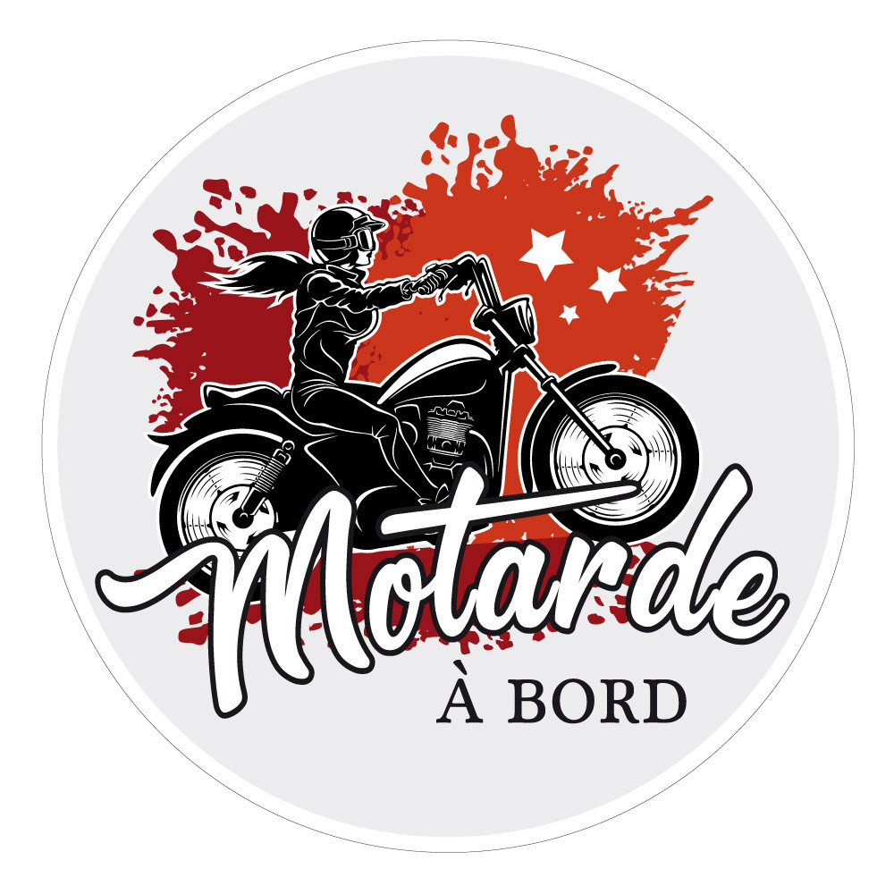 Autocollant voiture Motard à bord : Motarde à bord. Sticker auto.