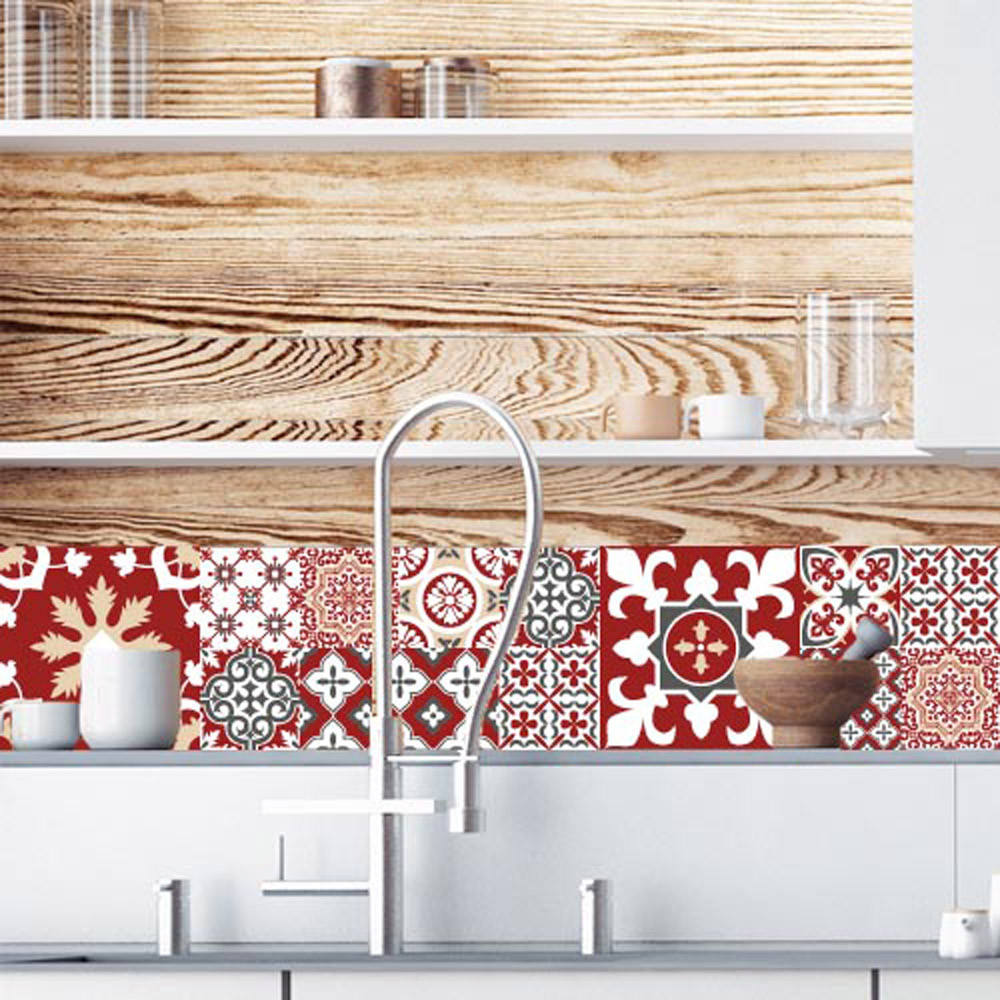 Crédence Cuisine Adhésive Carreaux de Ciment Rouge Blanc REDMONKY