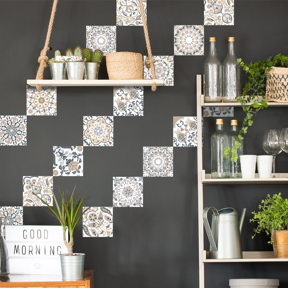 Stickers Carreaux De Ciment Adhésifs 20x20cm - Planche De 12 - Déco Murale Noire Et Blanche