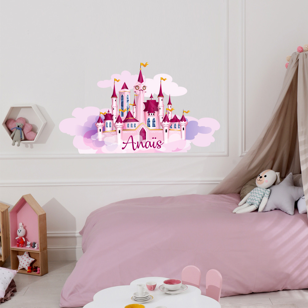 Sticker tête de lit, prénom personnalisé, Sticker mural Château Princesse