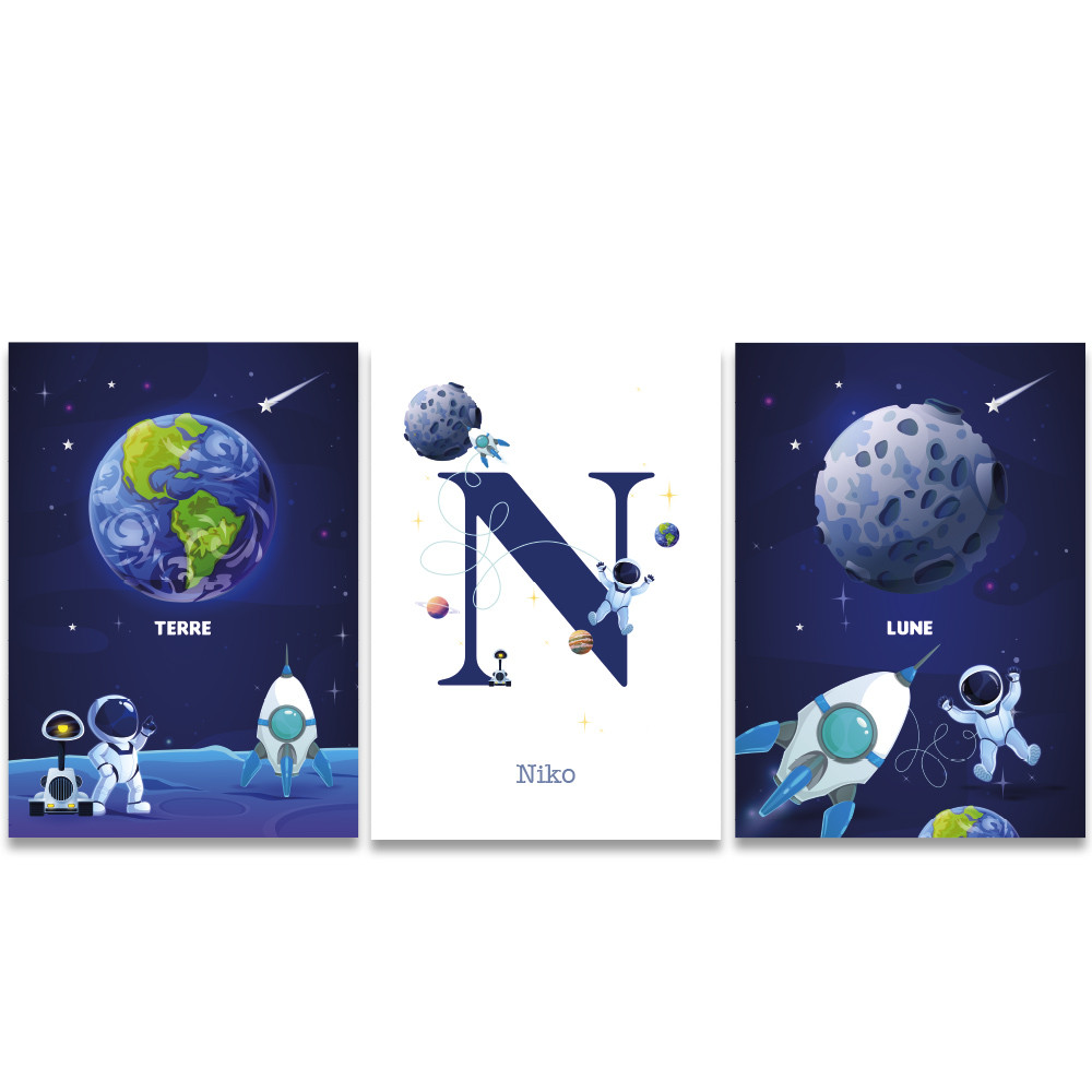 Lot de 3 posters prénom personnalisable thème planètes fusée astronaute