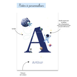 Poster prénom personnalisable illustration planètes astronaute