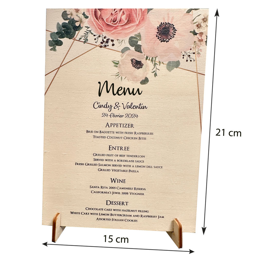 Menu de mariage en bois personnalisable avec socle Fabrication Française