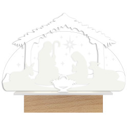 Crèche 3D en plexigglass blanc et transparent sur socle bois