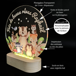 veilleuse led lampe animaux de la forêt chambre enfant prénom personnalisable