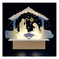 Crèche lumineuse 3D en plexigglass blanc et transparent sur socle bois