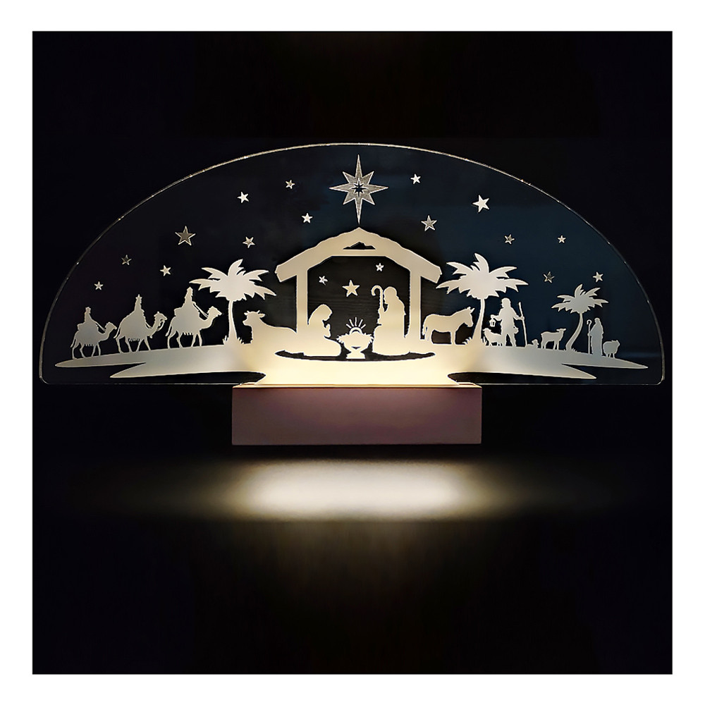 Crèche de Noël lumineuse en plexigglass transparent sur socle en bois