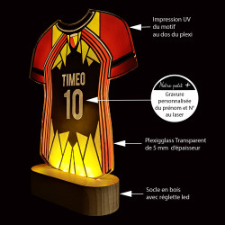 Veilleuse led Maillot de foot Rouge et Jaune personnalisable en plexigglass sur socle en bois