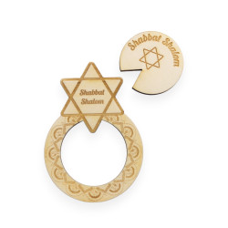 Rond de serviette juif Shabbat Shalom étoile de David  en bois gravé avec décoration pour le verre