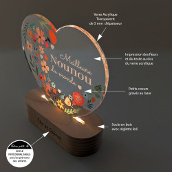 Veilleuse LED en forme de coeur sur socle en bois pour nounou