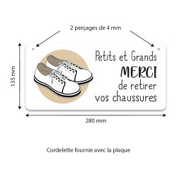 Plaque Petits et Grands Merci de retirer vos chaussures 28 x 13,5cm