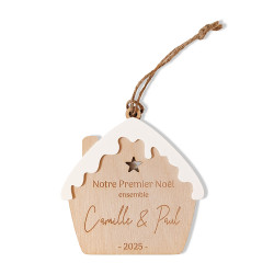 Boule de noël chalet bois et acrylique avec prénoms