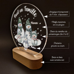 Veilleuse Noël famille Bonhommes de neige sur socle bois