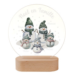 Veilleuse Noël en famille Bonhommes de neige à personnaliser en acrylique et bois