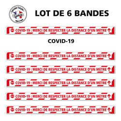 SIGNALISATION AU SOL COVID-19 - LOT DE 6 BANDES DE MARQUAGE AU SOL ADHESIVES AVEC COLLE FORTE - SIGNALETIQUE CORONAVIRUS - COVID