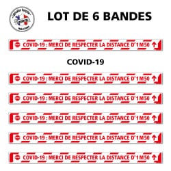 SIGNALISATION POUR SOL CORONAVIRUS - LOT DE 6 BANDES DE MARQUAGE AU SOL ADHESIVES COVID19 AVEC COLLE FORTE - SIGNALISATION COVID