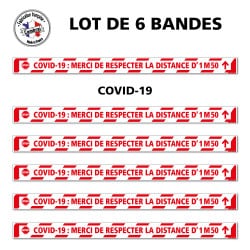 SIGNALISATION POUR SOL CORONAVIRUS - LOT DE 6 BANDES DE MARQUAGE AU SOL ADHESIVES COVID19 AVEC COLLE FORTE - SIGNALISATION COVID