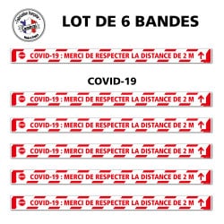 SIGNALISATION AU SOL COVID-19 - LOT DE 6 BANDES DE MARQUAGE AU SOL ADHESIVES AVEC COLLE FORTE - SIGNALETIQUE CORONAVIRUS - COVID