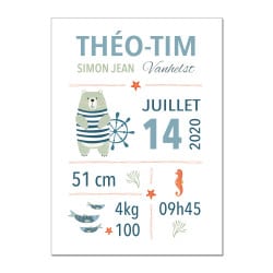 POSTER CADRE DE NAISSANCE BOYS OURSON MARIN PERSONNALISABLE (CADRE003)