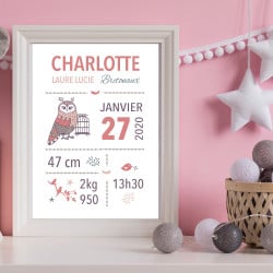 POSTER CADRE DE NAISSANCE GIRLY CHOUETTE PERSONNALISABLE (CADRE004)