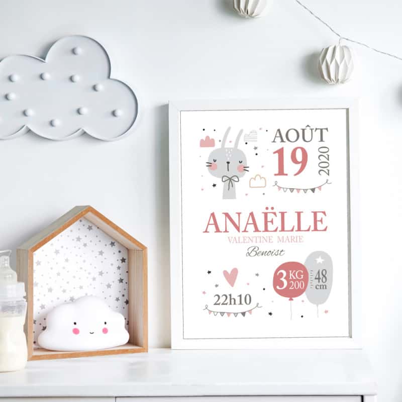 POSTER CADRE DE NAISSANCE GIRLY LAPINOU PERSONNALISABLE (CADRE006)