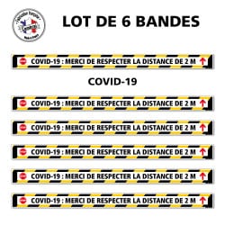 SIGNALISATION SPECIAL SOL COVID-19 - LOT DE 6 BANDES DE MARQUAGE AU SOL ADHESIVES CORONAVIRUS AVEC COLLE FORTE - COVID19 : MERCI