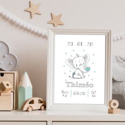 POSTER CADRE DE NAISSANCE ELEPHANTEAU PERSONNALISABLE (CADRE013)