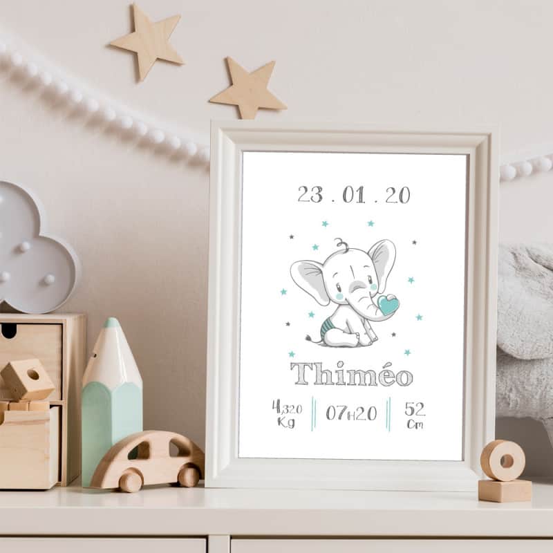 POSTER CADRE DE NAISSANCE ELEPHANTEAU PERSONNALISABLE (CADRE013)