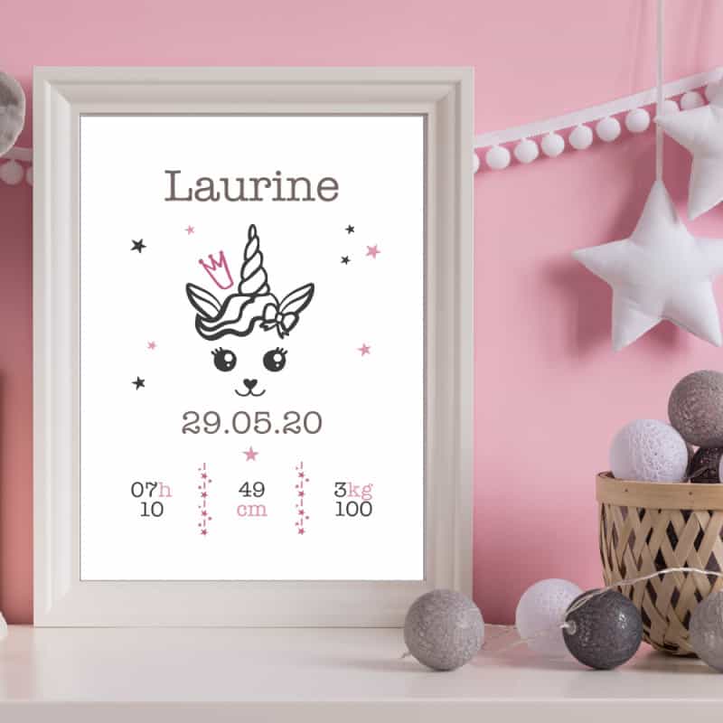 POSTER CADRE DE NAISSANCE LICORNE GIRLY PERSONNALISABLE (CADRE016)