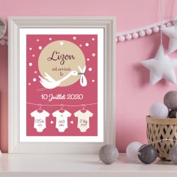 POSTER CADRE DE NAISSANCE CICOGNE LITTLE GIRL PERSONNALISABLE (CADRE018)