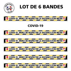 SIGNALISATION SPECIAL SOL COVID-19 - LOT DE 6 BANDES DE MARQUAGE AU SOL ADHESIVES CORONAVIRUS AVEC COLLE FORTE - COVID19 : MERCI