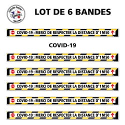 SIGNALISATION AU SOL CORONAVIRUS - LOT DE 6 BANDES DE MARQUAGE AU SOL COVID19 - SIGNALETIQUE CORONAVIRUS -† COVID-19 : MERCI DE 
