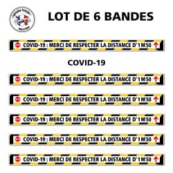 SIGNALISATION AU SOL CORONAVIRUS - LOT DE 6 BANDES DE MARQUAGE AU SOL COVID19 - SIGNALETIQUE CORONAVIRUS -† COVID-19 : MERCI DE 