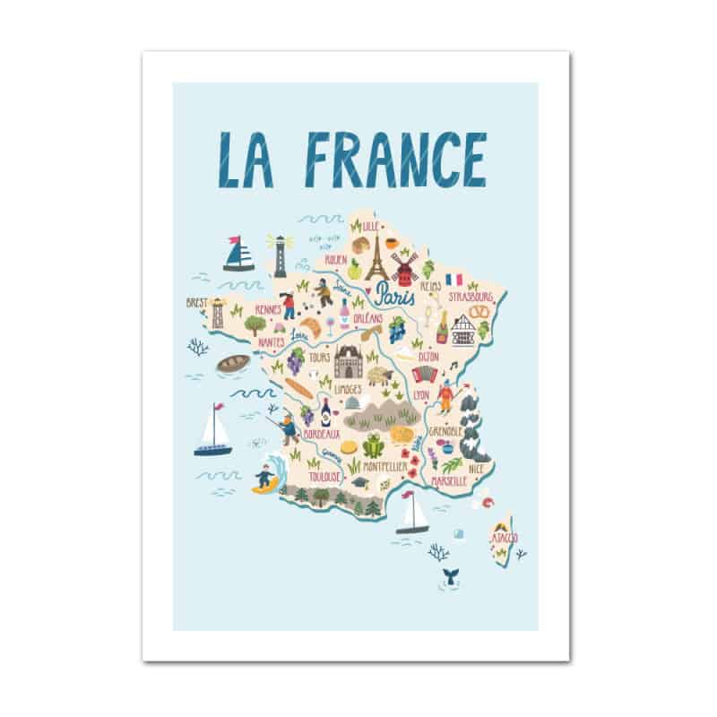 Carte de France pour enfants aux teintes rose et beige, affiche de géographie - France