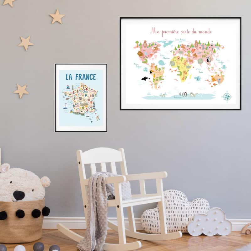 TUOXIE Poster carte de France pour enfants Peinture décorative sur toile Art mural Posters Salon Chambre 50 x 75 cm