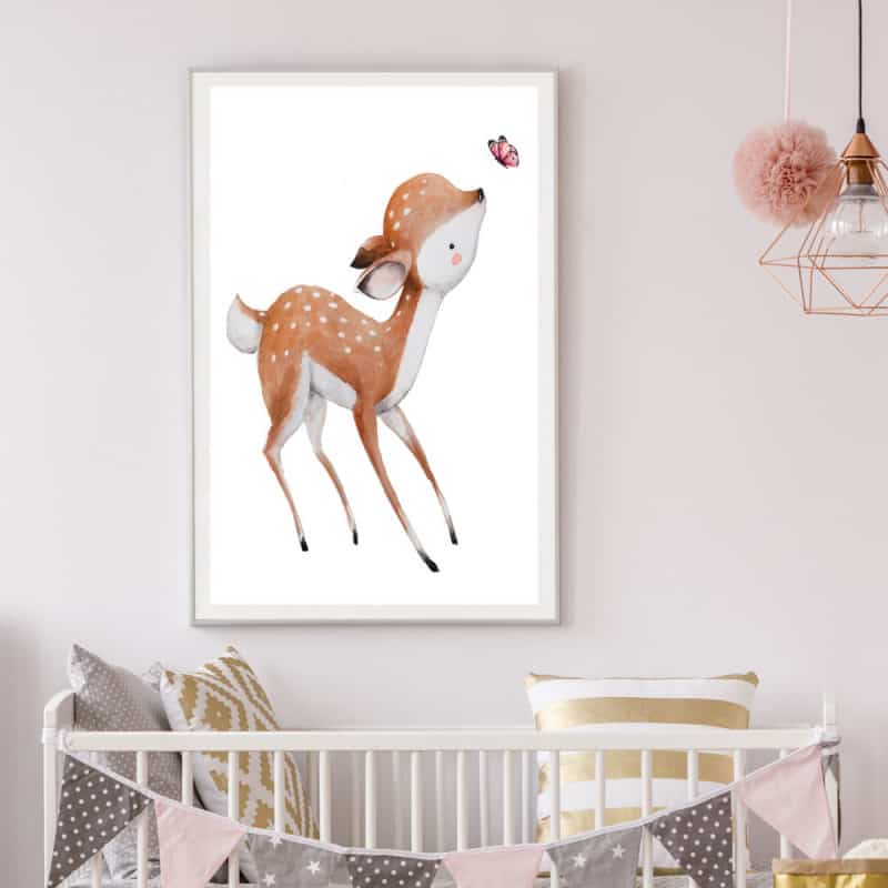 Poster Biche Et Papillon. Déco Murale Enfant. Illustration Chambre