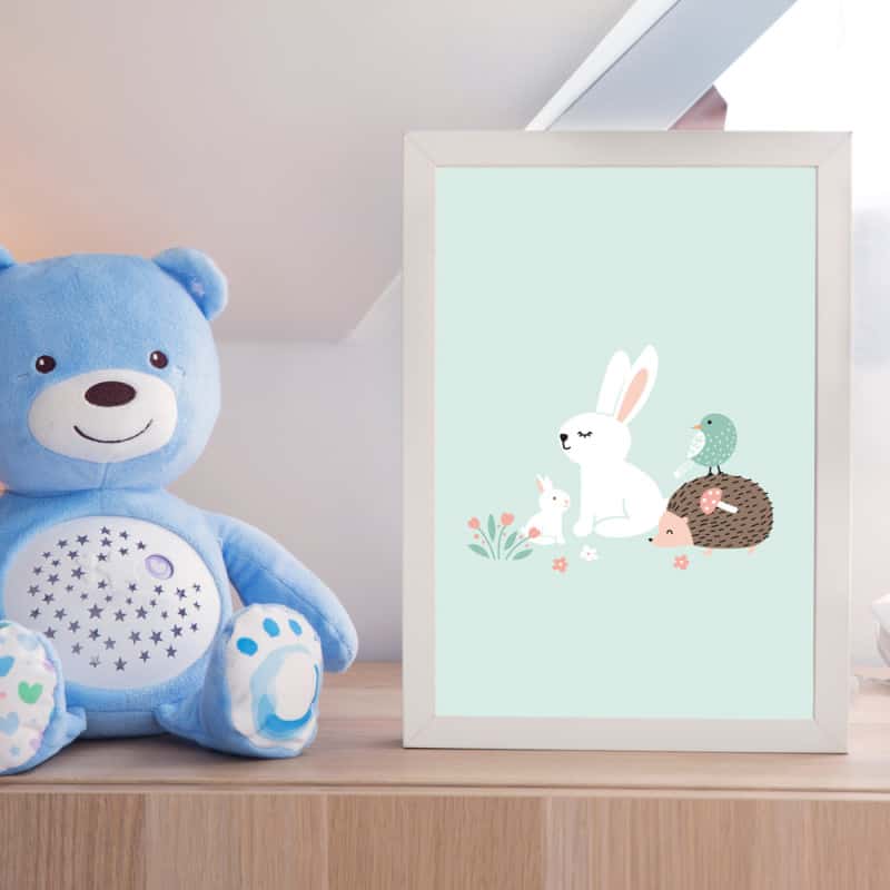 Poster Lapin Friends. Décoration Chambre Enfant. Dessin thème pastel.