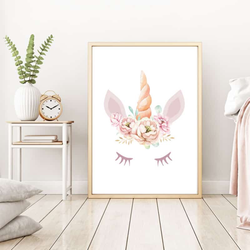 Poster Licorne Couronne Fleurie. Déco enfant. Illustration pastel