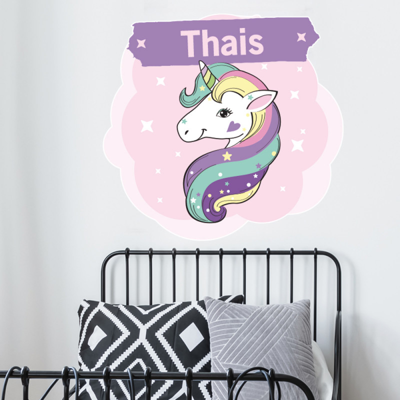 STICKER TETE DE LIT POUR CHAMBRE D'ENFANT - LICORNE ETOILEE - PERSONNALISABLE AVCE LE PRENOM DE VOTRE ENFANT (TETE_LIT_043)