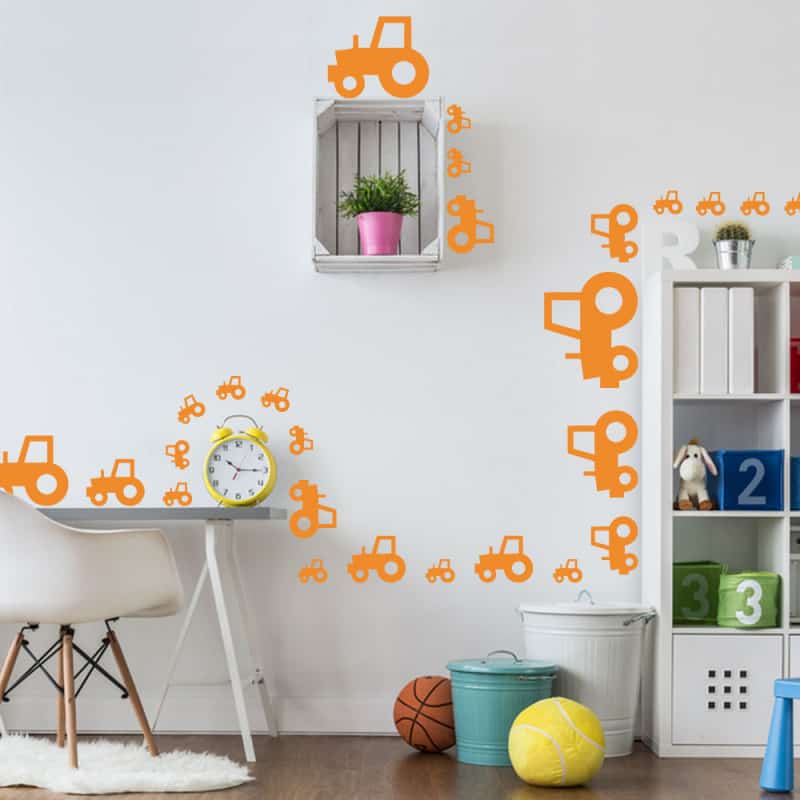 PLANCHE DE STICKERS DÉCORATIF ORANGE EN FORME DE TRACTEURS POUR CHAMBRE ENFANT OU SALLE DE JEUX