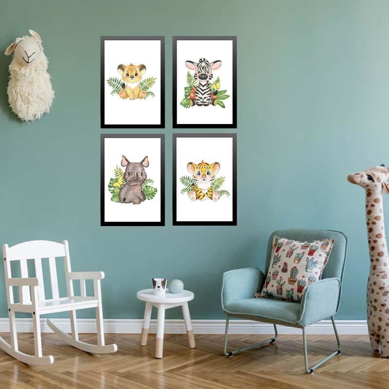Lot De 4 Posters Decoratifs Chambre Enfant Animaux De La Jungle Feuilles Post01